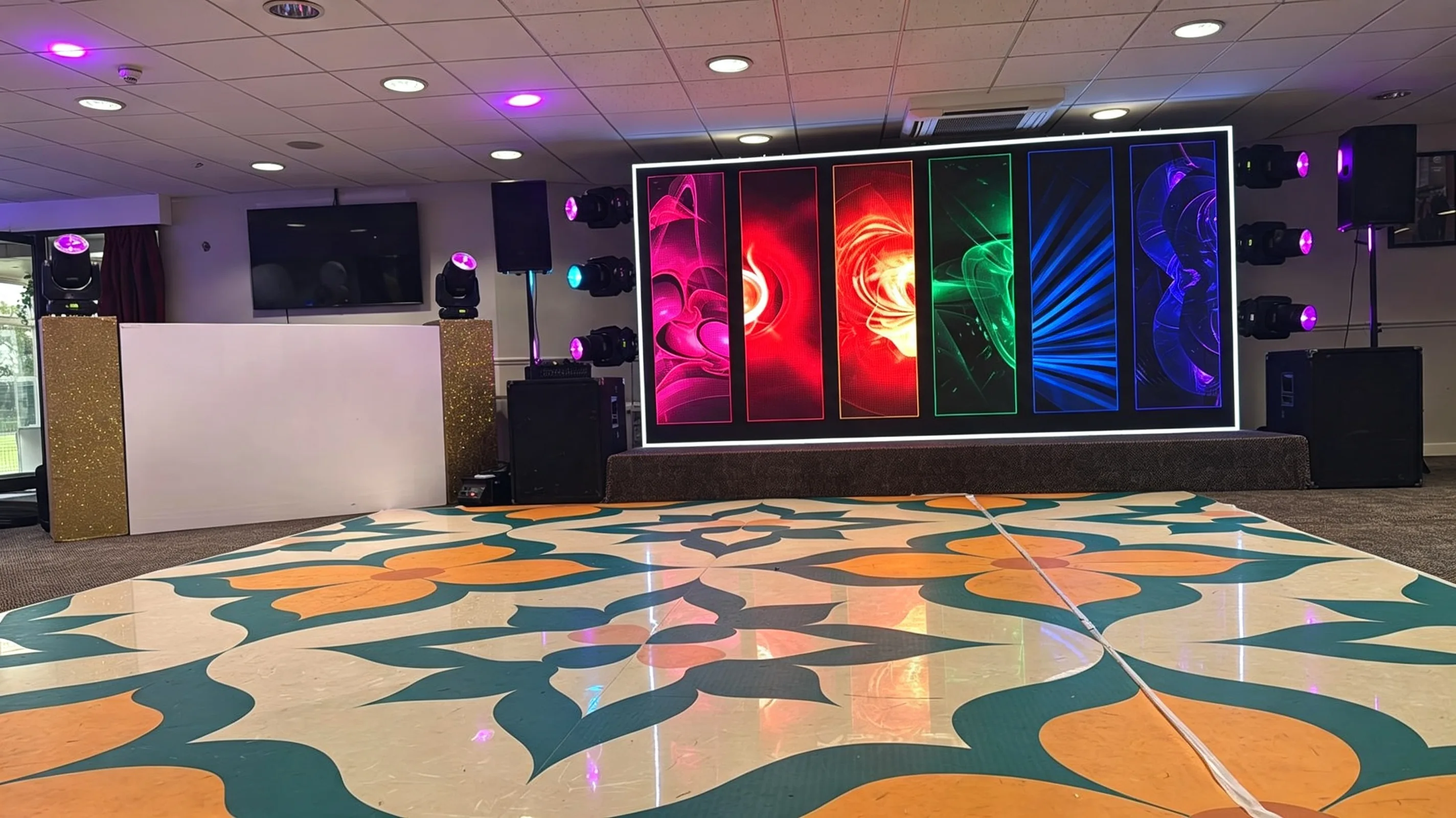 Colourful bespoke printed wedding dance floor